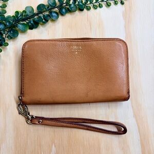 Fossil Sydney Zip Around Wristlet Brown Leather Phone Wallet SL4266